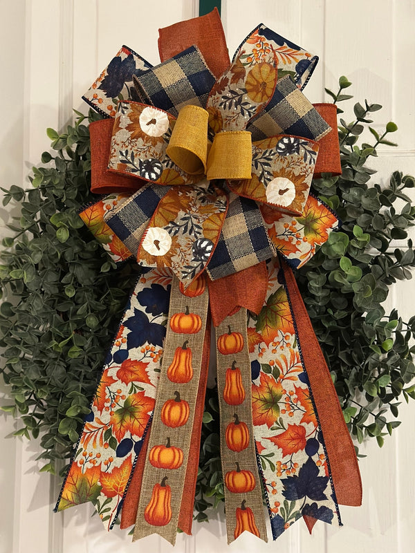 Orange, Gold & Navy Blue Fall Bow - Emerald's Avenue