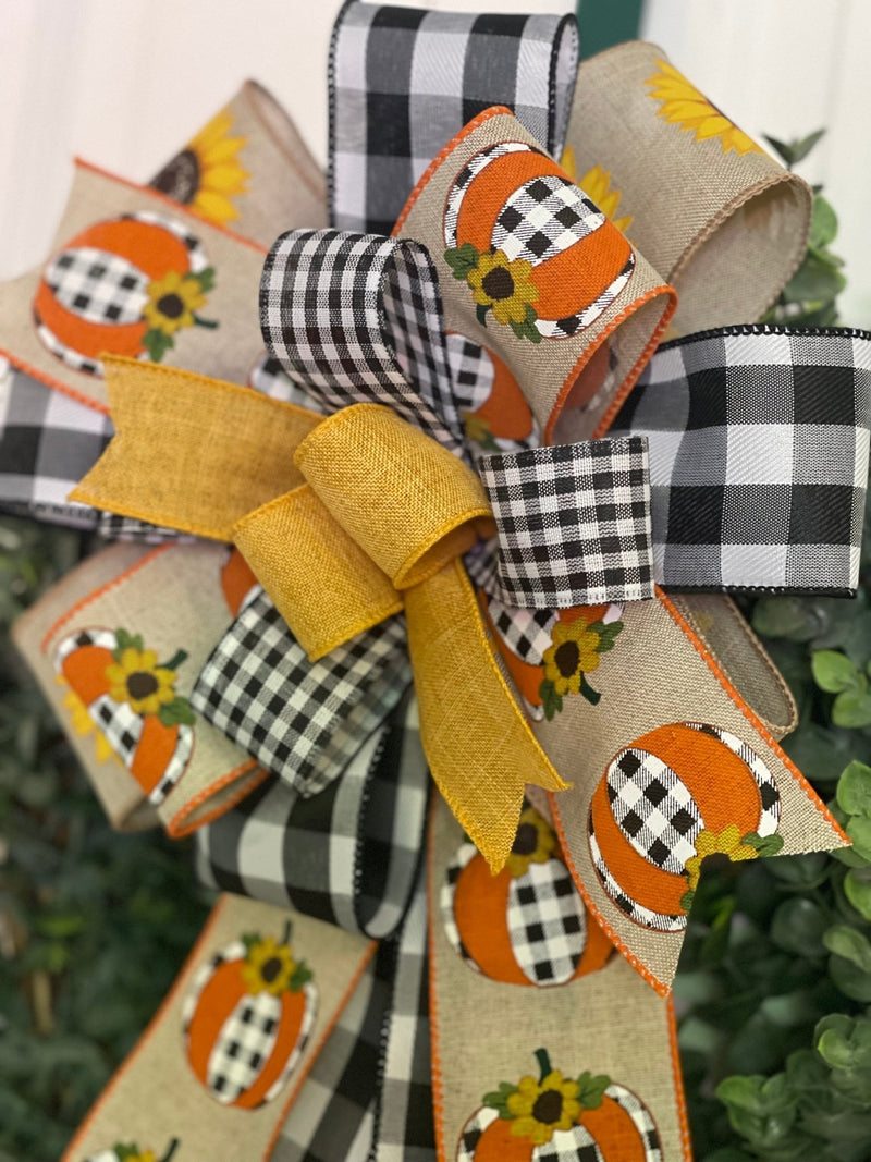 Pumpkins & Buffalo Plaid Bow - Emerald's Avenue