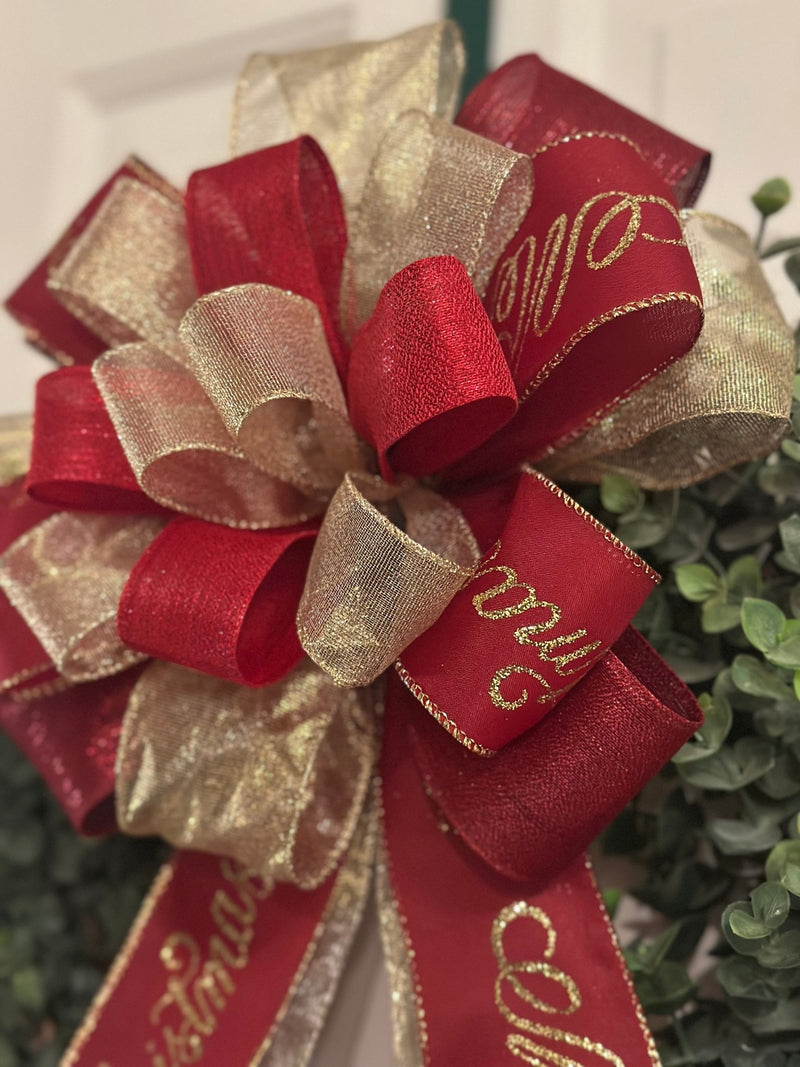 Red & Gold Merry Christmas Bow - Emerald's Avenue