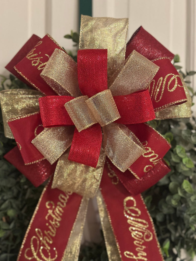 Red & Gold Merry Christmas Bow - Emerald's Avenue