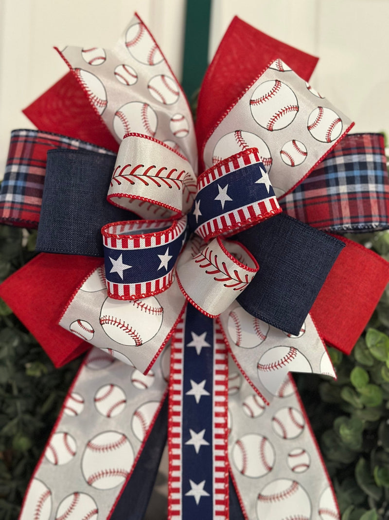 Red, White & Blue Baseball Bow - Emerald's Avenue