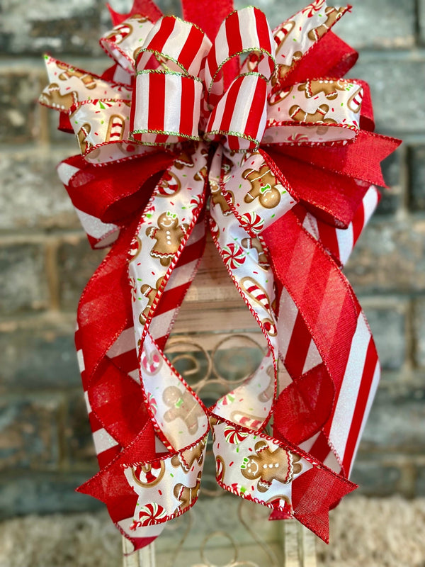 Red & White Gingerbread & Candy Canes Christmas Lantern Bow - Emerald's Avenue