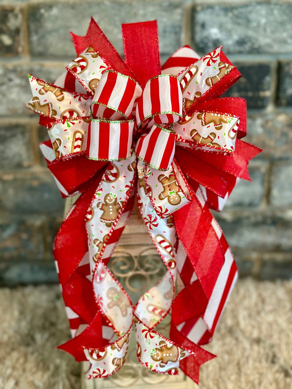 Red & White Gingerbread & Candy Canes Christmas Lantern Bow - Emerald's Avenue