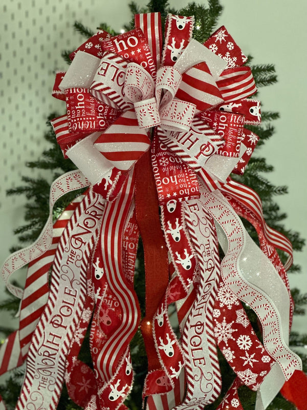 Red & White North Pole Christmas Tree Topper Bow - Emerald's Avenue