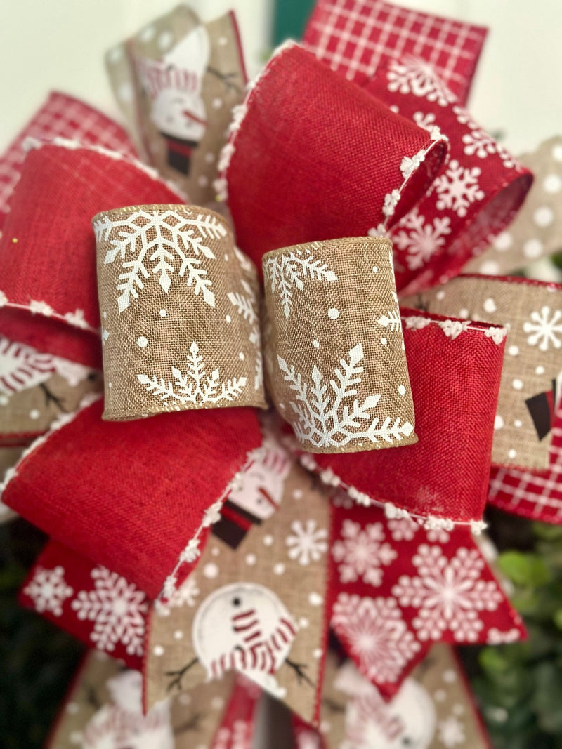 Red & White Snowmen & Snowflakes Christmas Bow - Emerald's Avenue