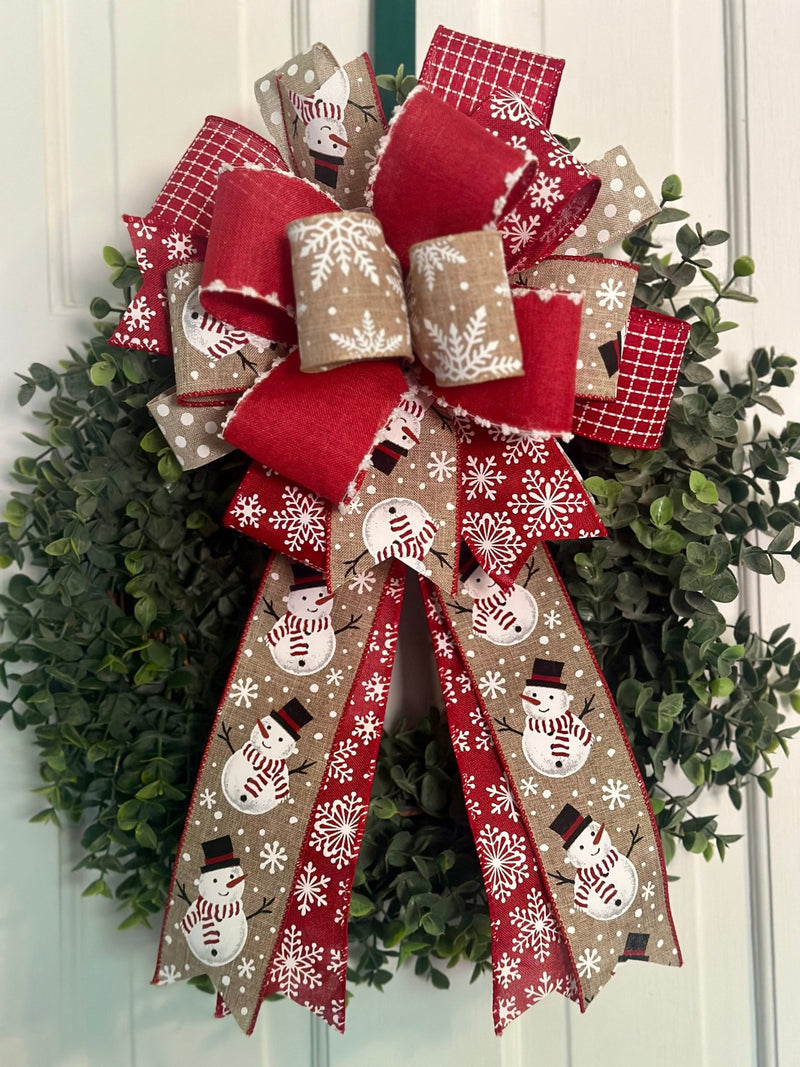 Red & White Snowmen & Snowflakes Christmas Bow - Emerald's Avenue