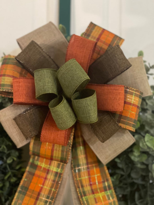 Rust Orange, Marigold, Olive Green & Brown Fall Bow - Emerald's Avenue