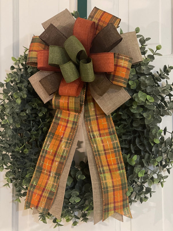 Rust Orange, Marigold, Olive Green & Brown Fall Bow - Emerald's Avenue