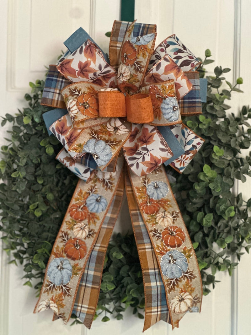 Traditional Leaves & Pumpkins Fall Bow - Emerald's Avenue