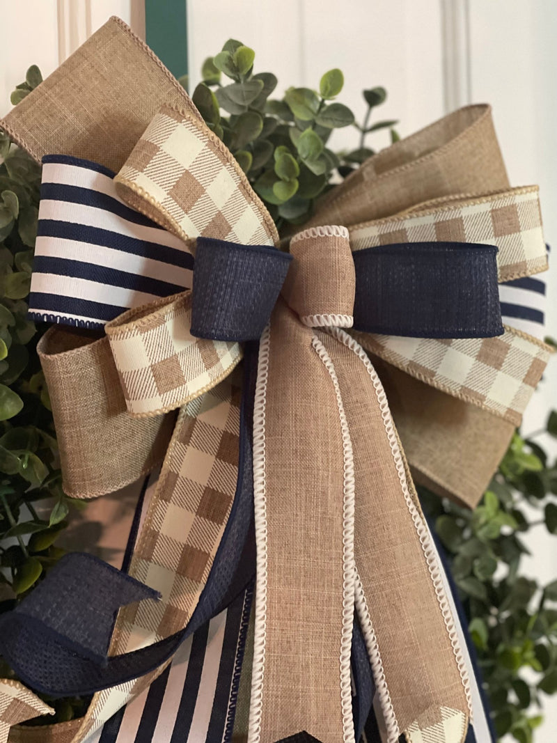 Beige & Navy Blue Farmhouse Bow - Emerald's Avenue