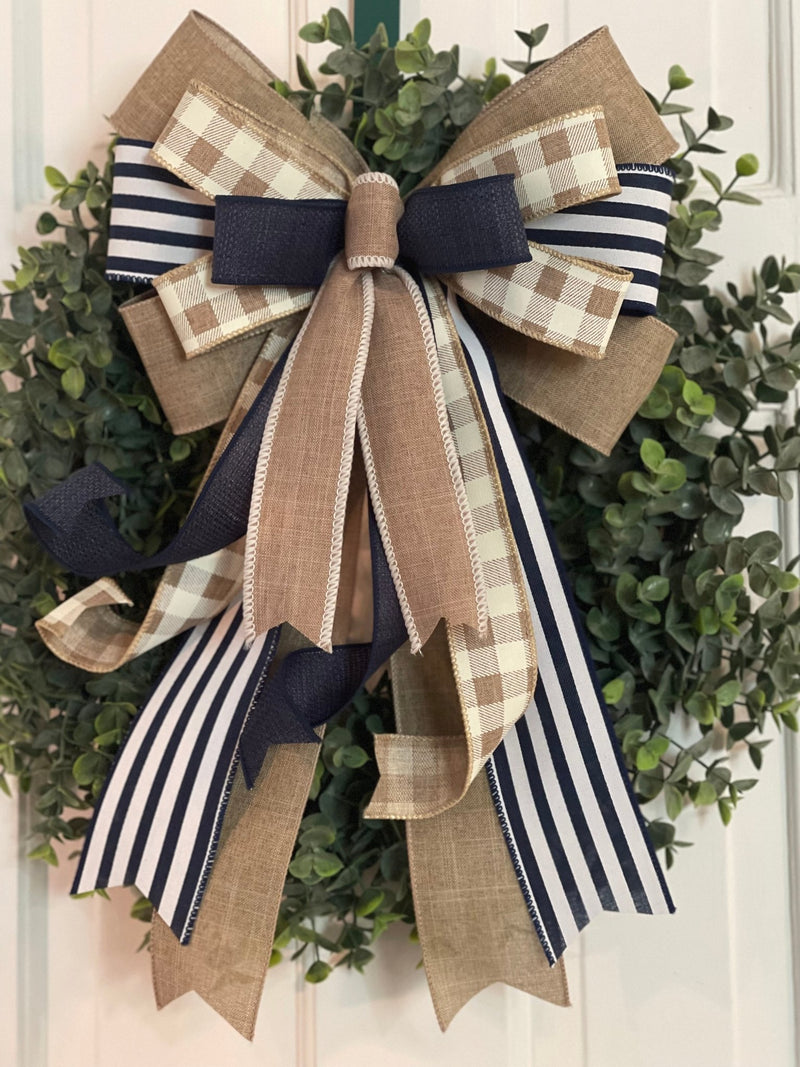 Beige & Navy Blue Farmhouse Bow - Emerald's Avenue