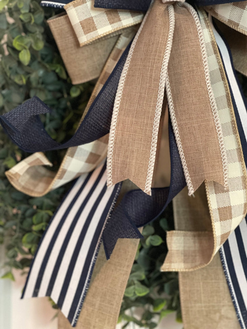 Beige & Navy Blue Farmhouse Bow - Emerald's Avenue