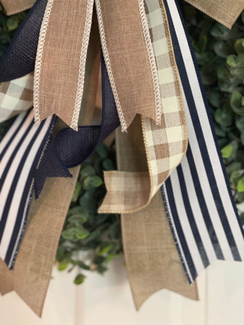 Beige & Navy Blue Farmhouse Bow - Emerald's Avenue