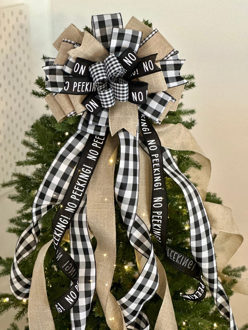 Black Buffalo Plaid No Peeking Christmas Tree Topper Bow - Emerald's Avenue