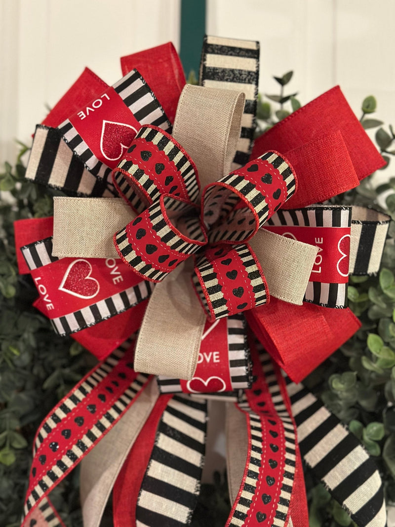 Black, Red & Beige Hearts & Stripes Valentine's Day Bow - Emerald's Avenue