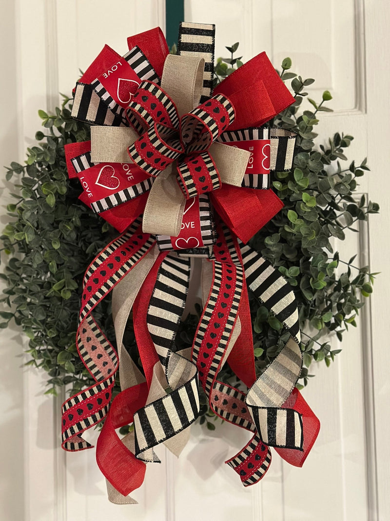 Black, Red & Beige Hearts & Stripes Valentine's Day Bow - Emerald's Avenue