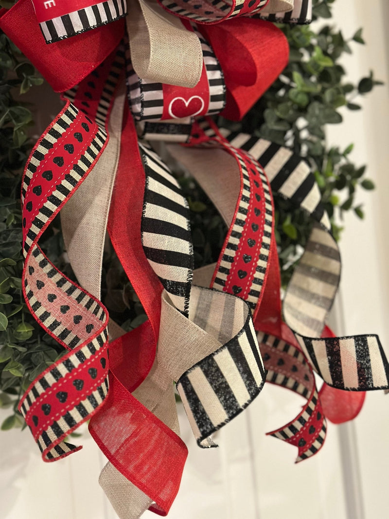 Black, Red & Beige Hearts & Stripes Valentine's Day Bow - Emerald's Avenue