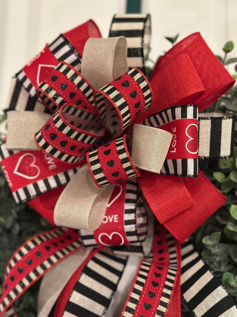 Black, Red & Beige Hearts & Stripes Valentine's Day Bow - Emerald's Avenue