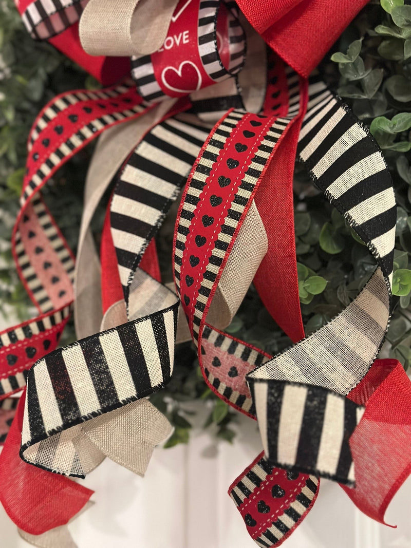 Black, Red & Beige Hearts & Stripes Valentine's Day Bow - Emerald's Avenue