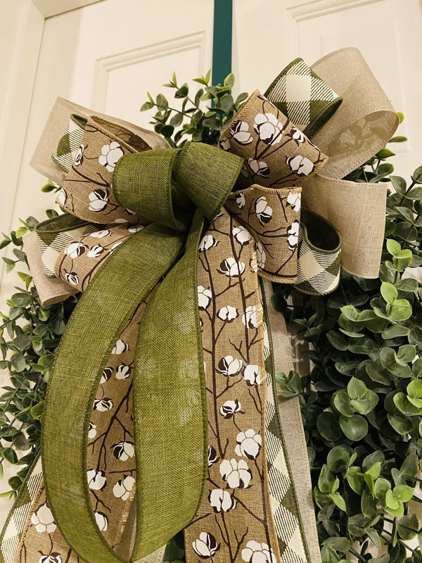 Burlap Cotton Bow w/ Olive Green & Buffalo Plaid Ribbons - Emerald's Avenue