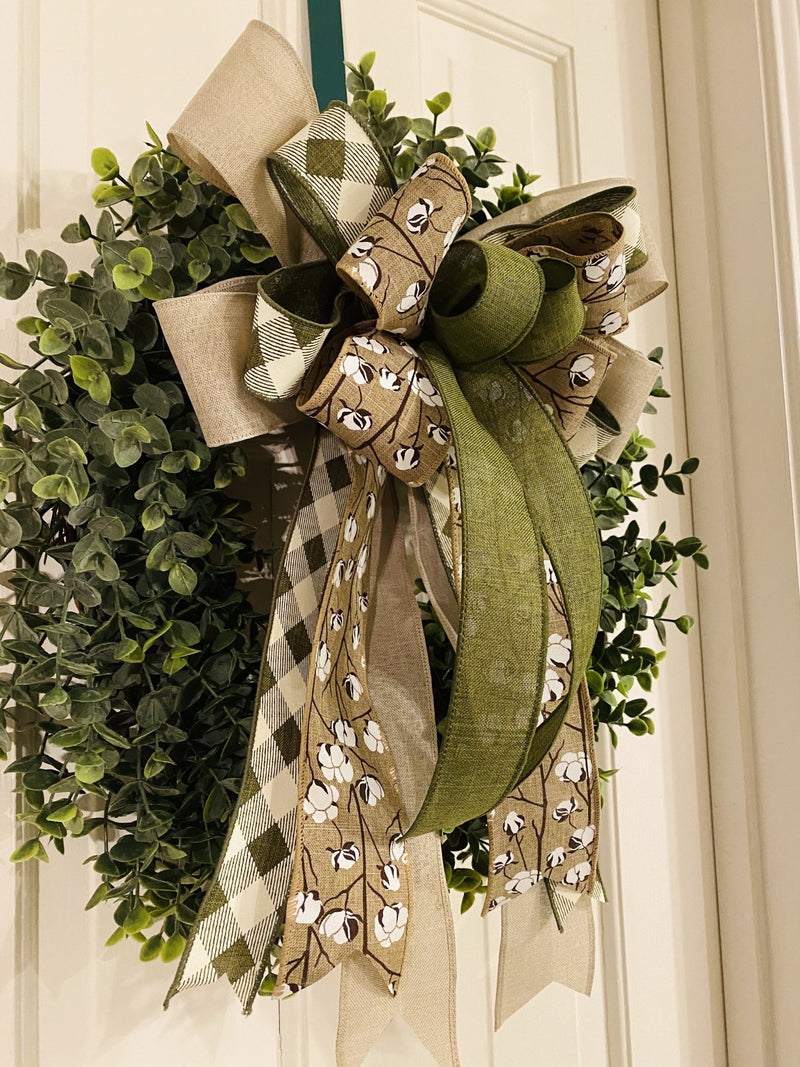 Burlap Cotton Bow w/ Olive Green & Buffalo Plaid Ribbons - Emerald's Avenue