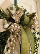 Burlap Cotton Bow w/ Olive Green & Buffalo Plaid Ribbons - Emerald's Avenue