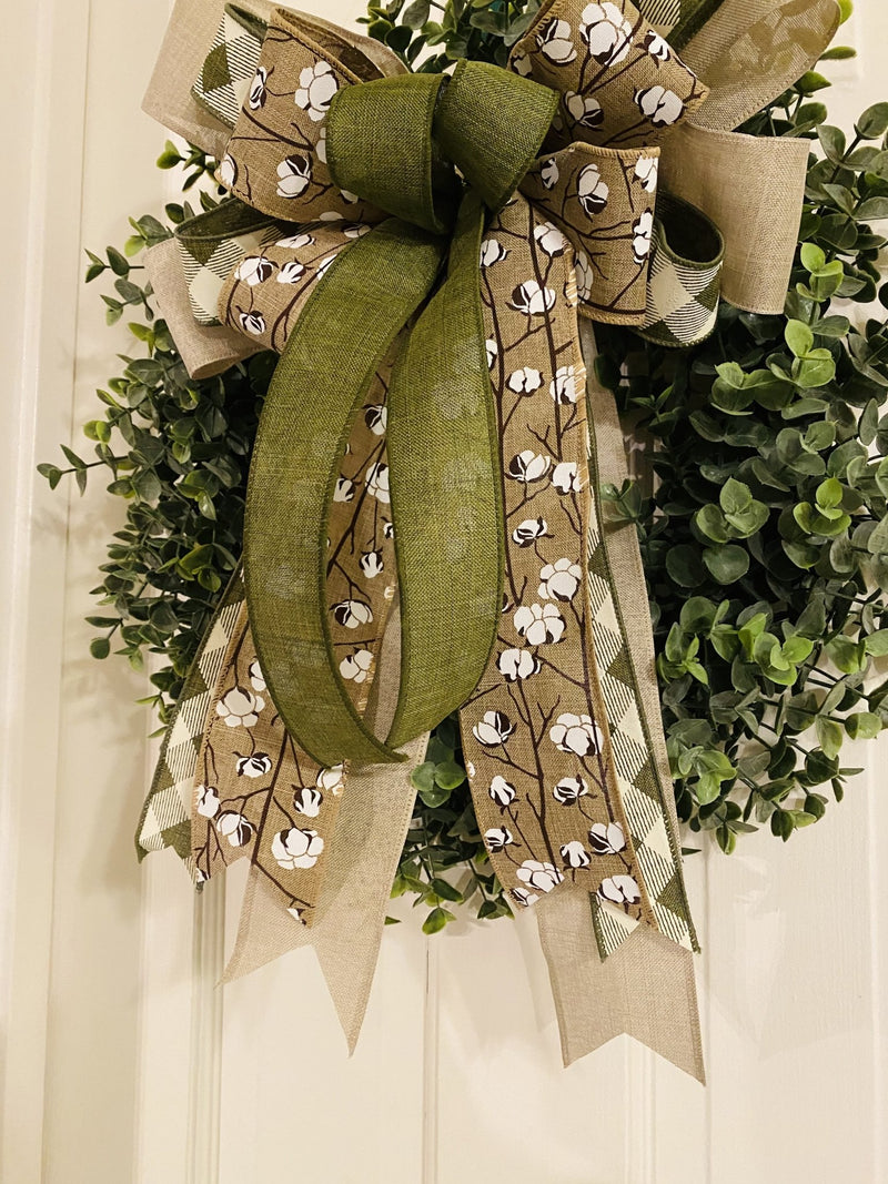 Burlap Cotton Bow w/ Olive Green & Buffalo Plaid Ribbons - Emerald's Avenue