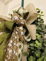 Burlap Cotton Bow w/ Olive Green & Buffalo Plaid Ribbons - Emerald's Avenue