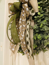 Burlap Cotton Bow w/ Olive Green & Buffalo Plaid Ribbons - Emerald's Avenue