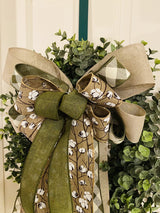 Burlap Cotton Bow w/ Olive Green & Buffalo Plaid Ribbons - Emerald's Avenue