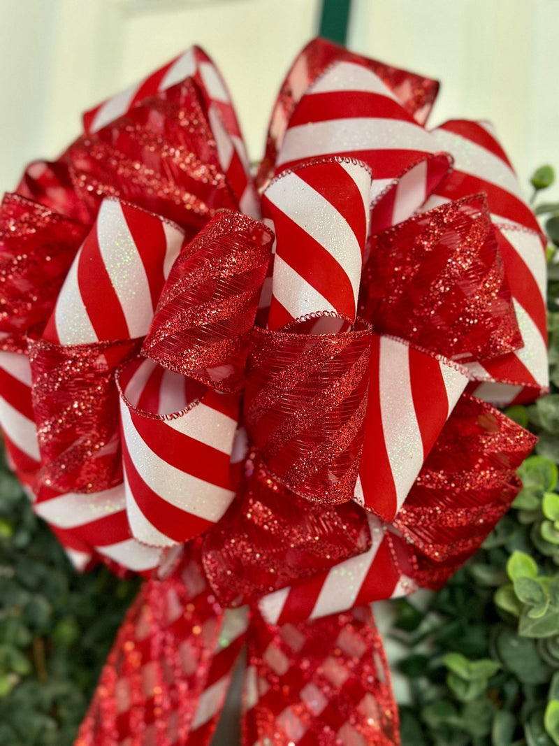 Christmas Decorations. Christmas Wreath Bows. Christmas Ribbon Christmas  Decor. Candy Cane Decor Christmas Bow Red and White Christmas Bow. 