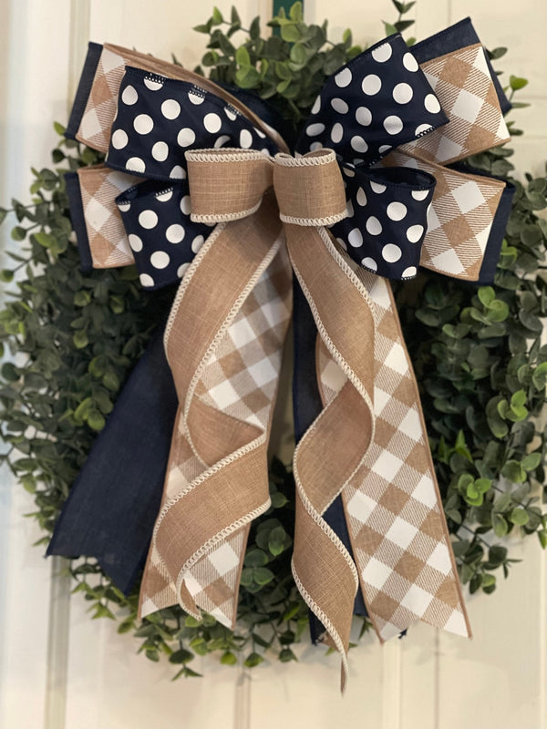 Diagonal Checkered Print & Polka Dots Farmhouse Bow - Emerald's Avenue