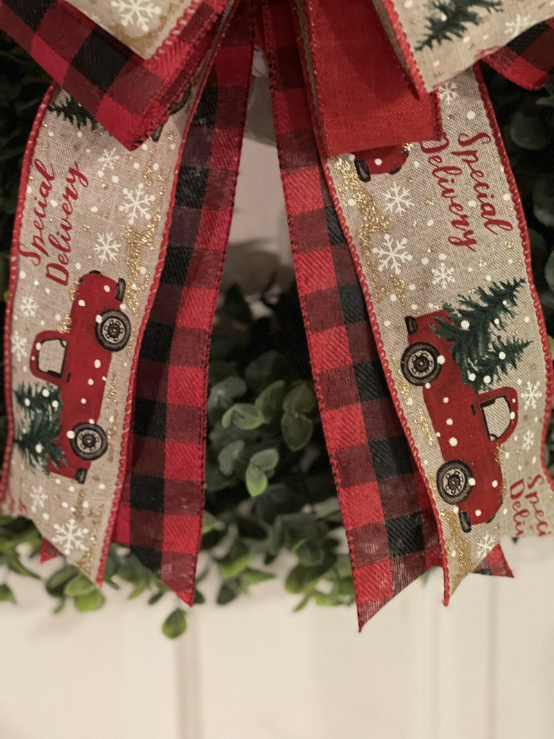 Farmhouse Buffalo Plaid Christmas Bow w/ Vintage Trucks - Emerald's Avenue