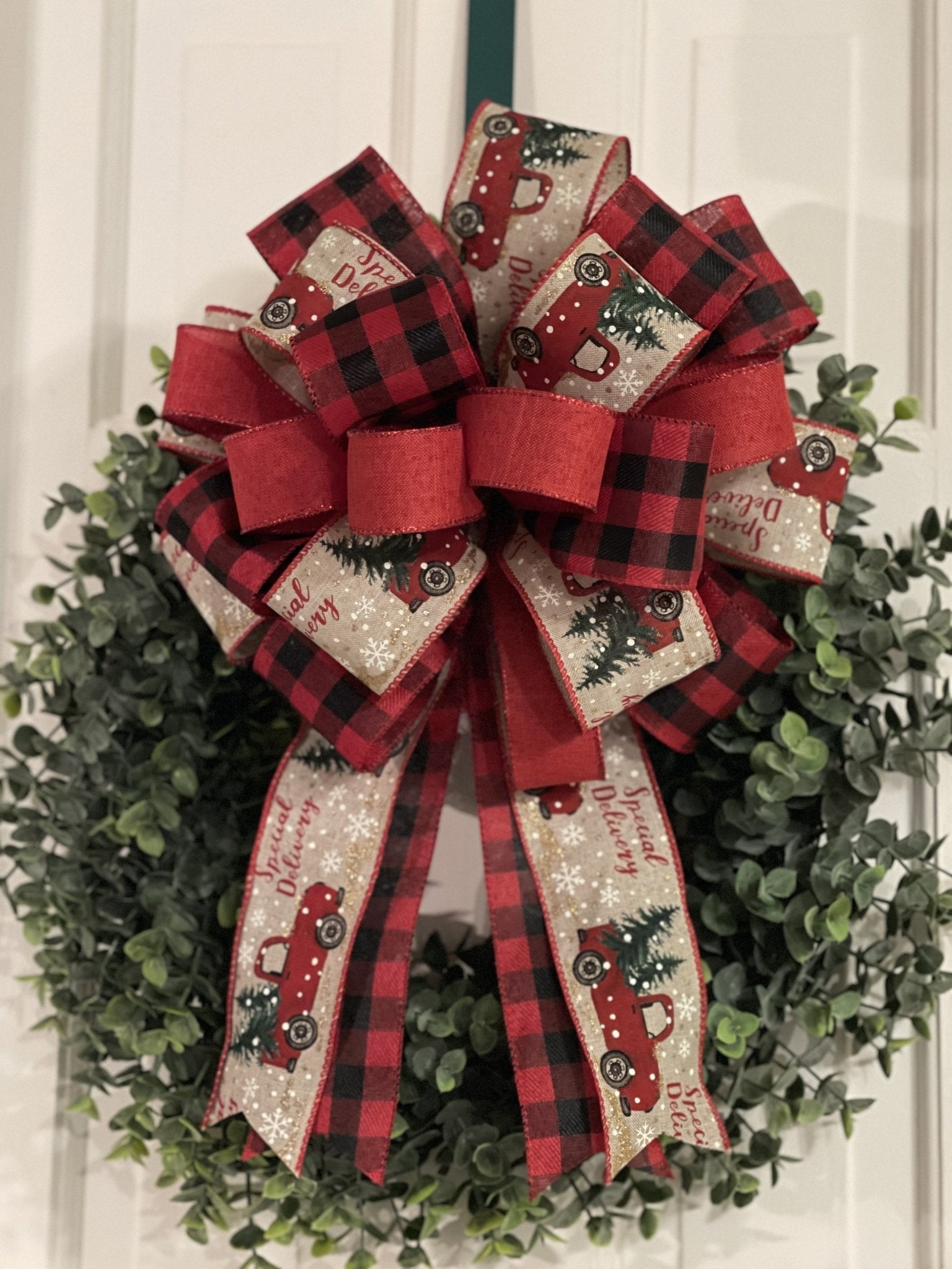 Farmhouse Buffalo Plaid Christmas Bow w/ Vintage Trucks