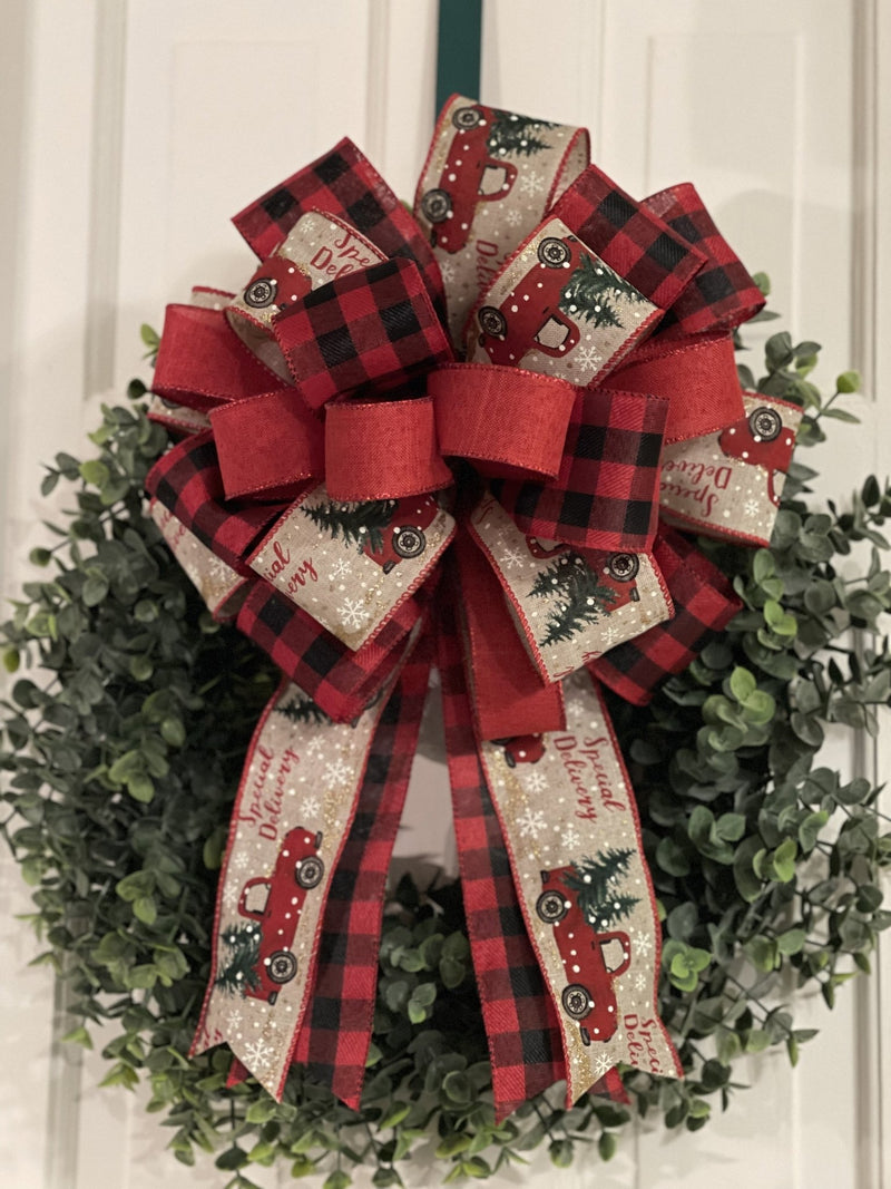 Farmhouse Buffalo Plaid Christmas Bow w/ Vintage Trucks - Emerald's Avenue