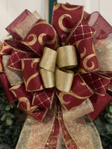 Gold & Burgundy Swirls & Poinsettias Christmas Bow - Emerald's Avenue