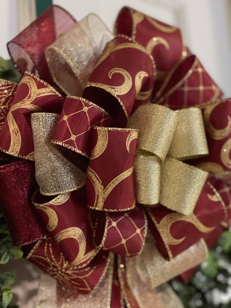 Gold & Burgundy Swirls & Poinsettias Christmas Bow - Emerald's Avenue