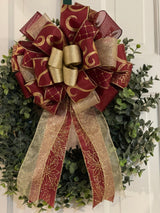 Gold & Burgundy Swirls & Poinsettias Christmas Bow - Emerald's Avenue