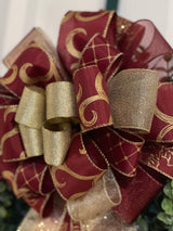 Gold & Burgundy Swirls & Poinsettias Christmas Bow - Emerald's Avenue