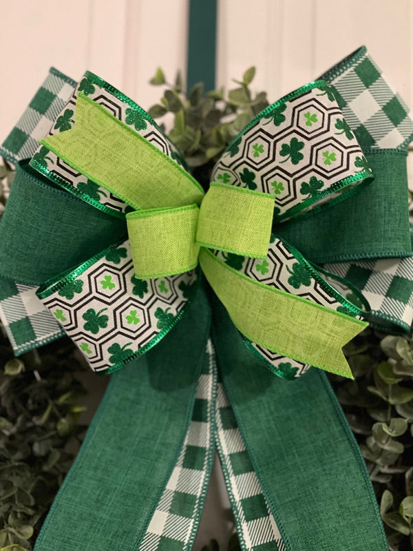 Green Shamrocks & Buffalo Plaid Bow - Emerald's Avenue