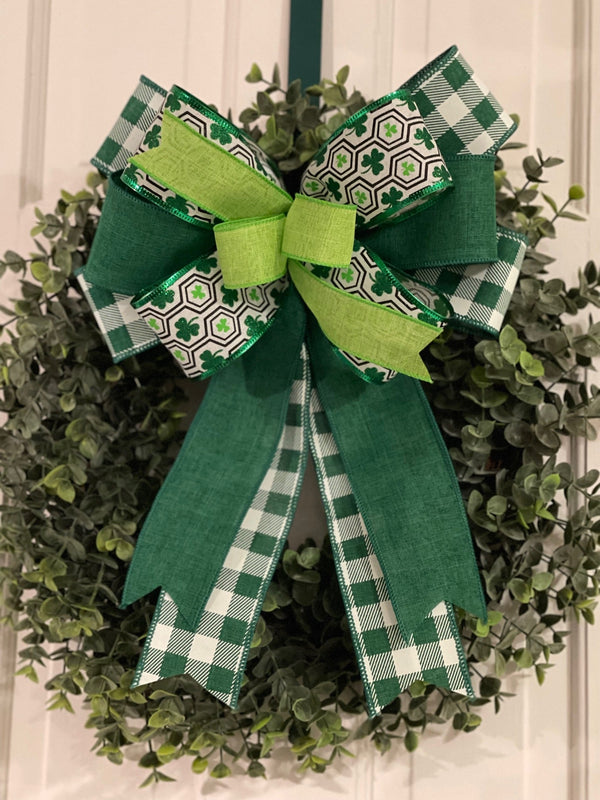 Green Shamrocks & Buffalo Plaid Bow - Emerald's Avenue