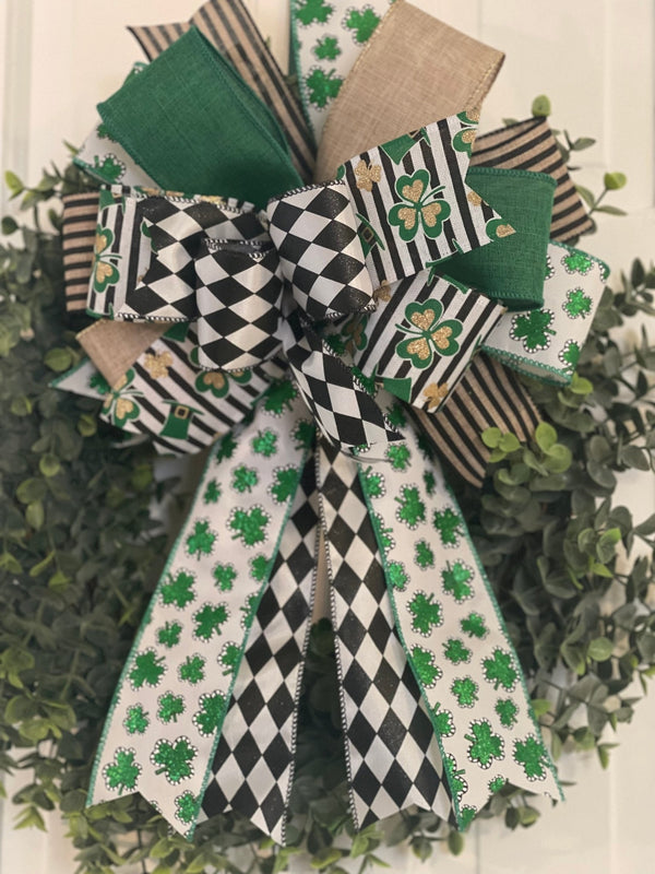 Harlequin Ribbon & Shamrocks St. Patrick's Day Bow - Emerald's Avenue