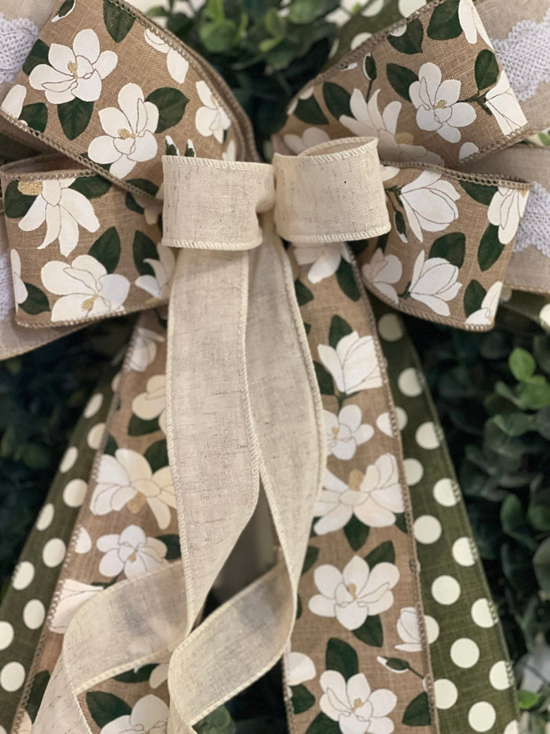 Magnolias & Polka Dots Bow - Emerald's Avenue