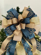 Navy Blue, Gold, Rose Gold & Champagne Christmas Tree Topper Bow - Emerald's Avenue