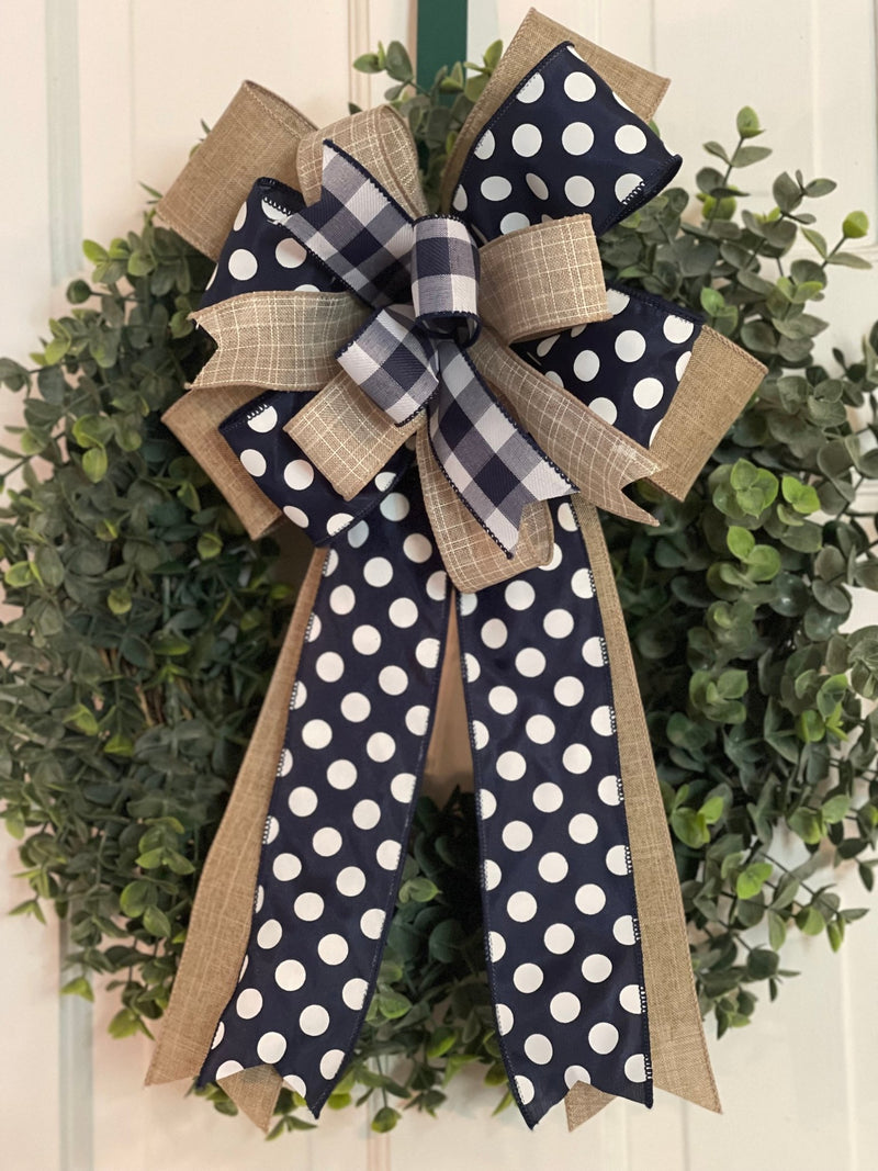 Navy Blue Polka Dots & Plaid Bow - Emerald's Avenue