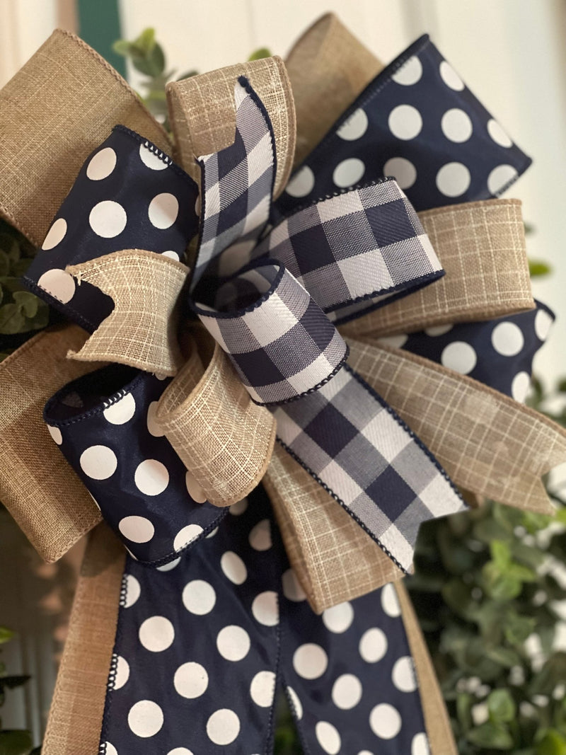 Navy Blue Polka Dots & Plaid Bow - Emerald's Avenue