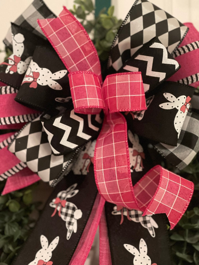 Pink & Black Easter Bunnies Bow - Emerald's Avenue