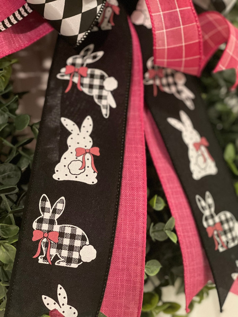 Pink & Black Easter Bunnies Bow - Emerald's Avenue