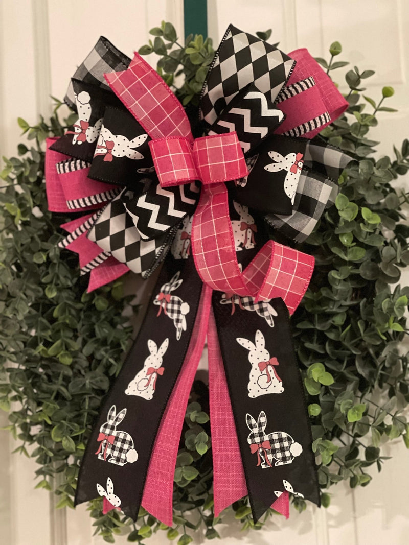 Pink & Black Easter Bunnies Bow - Emerald's Avenue