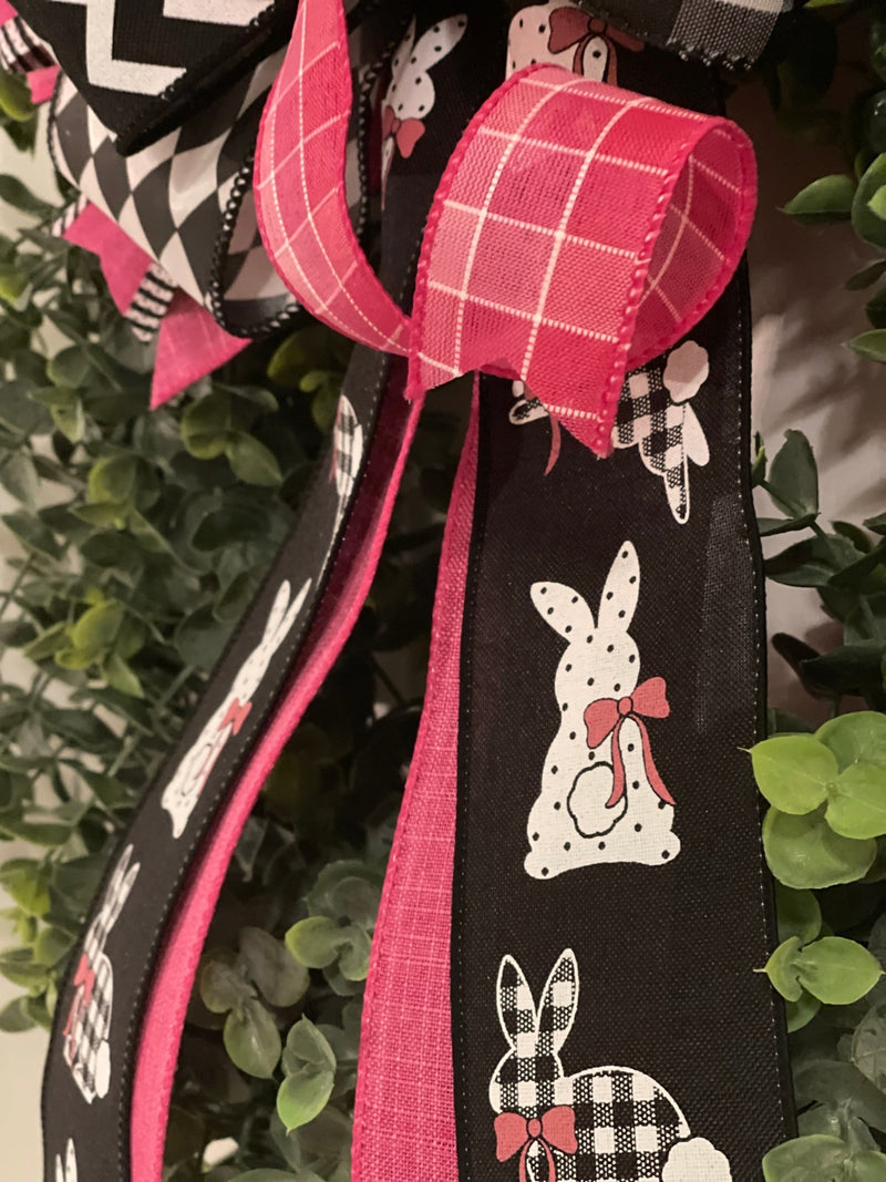 Pink & Black Easter Bunnies Bow - Emerald's Avenue